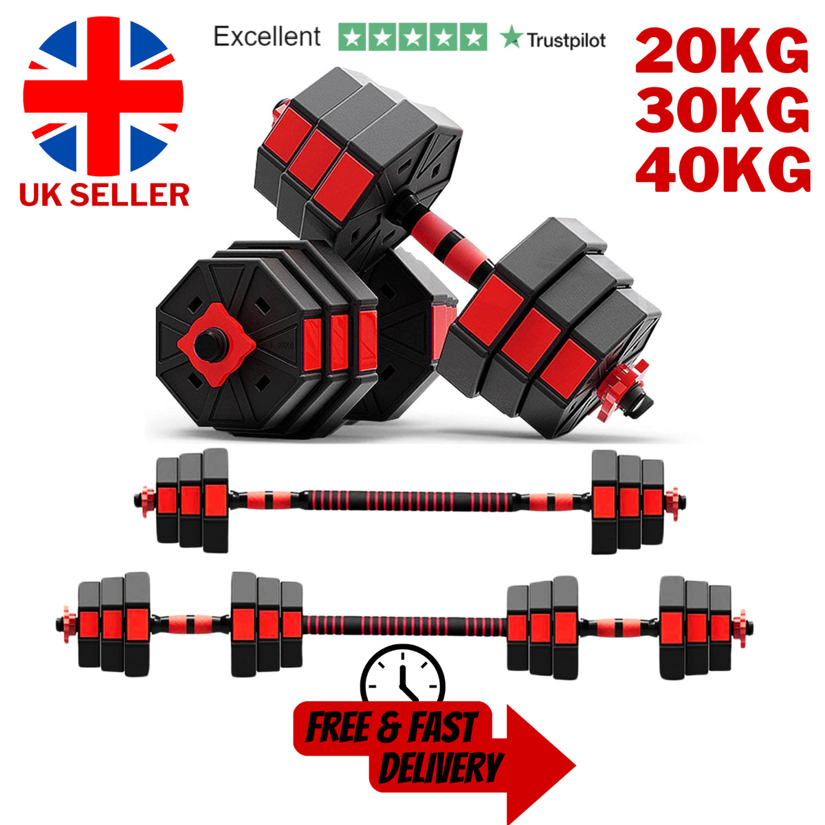 Exersci Adjustable Dumbbell Hex Premium Set 20Kg - 40Kg Kettlebell Option - Top Beat Cart