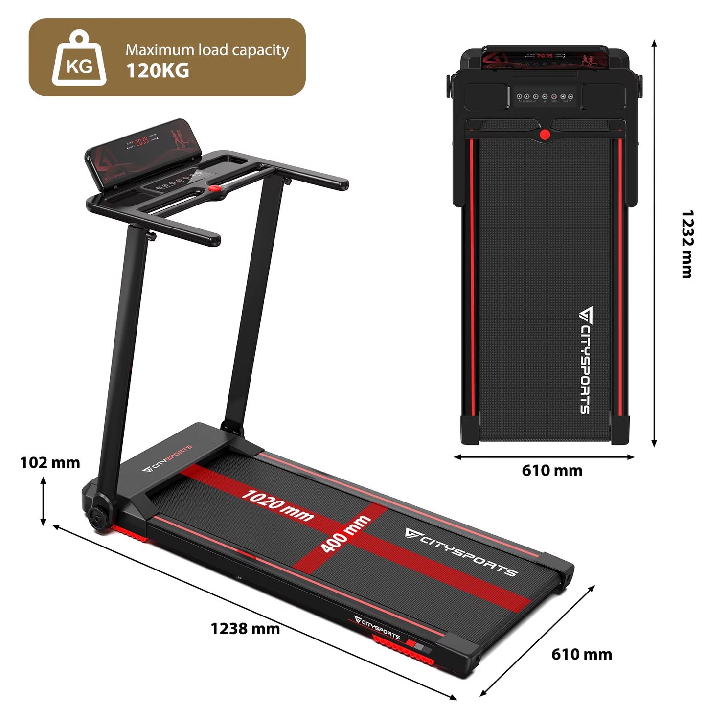 Folding Treadmill, Electric Treadmill, 2 in 1 Treadmill for Home Office, 120Kg,1-12Km/H, APP, Remote Control