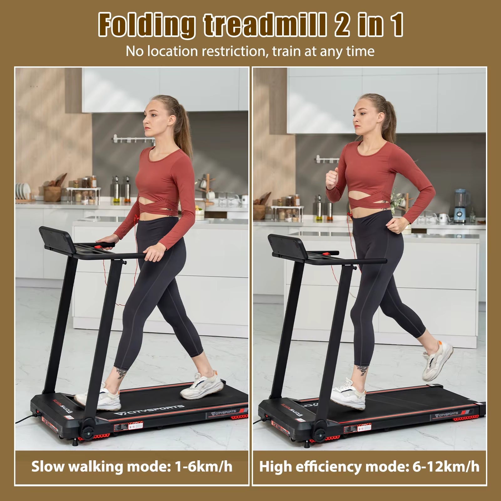 Folding Treadmill, Electric Treadmill, 2 in 1 Treadmill for Home Office, 120Kg,1-12Km/H, APP, Remote Control