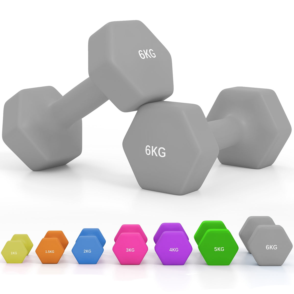 Set of 6 Dumbbells, Hexagonal Weights Pair, 2 X 3Kg, 2 X 4Kg, 2 X 5Kg - Top Beat Cart
