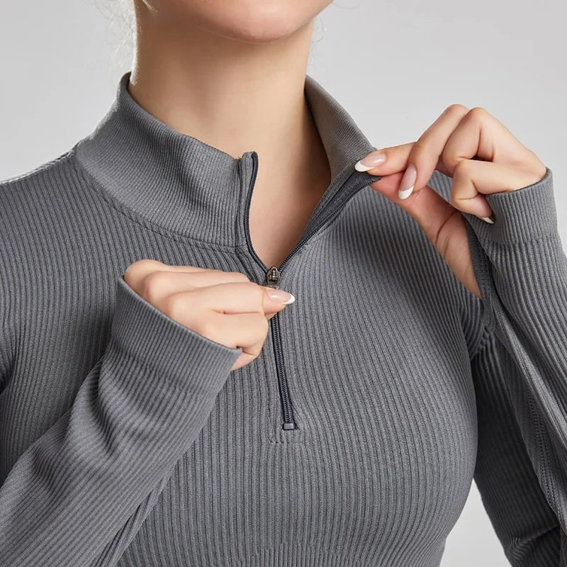 Women'S Shirt Seamless Crop Top Fitness Shirts Long Sleeve Sports Top Woman Front Zipper Yoga Tops Activewear with Thumb Hole - Top Beat Cart