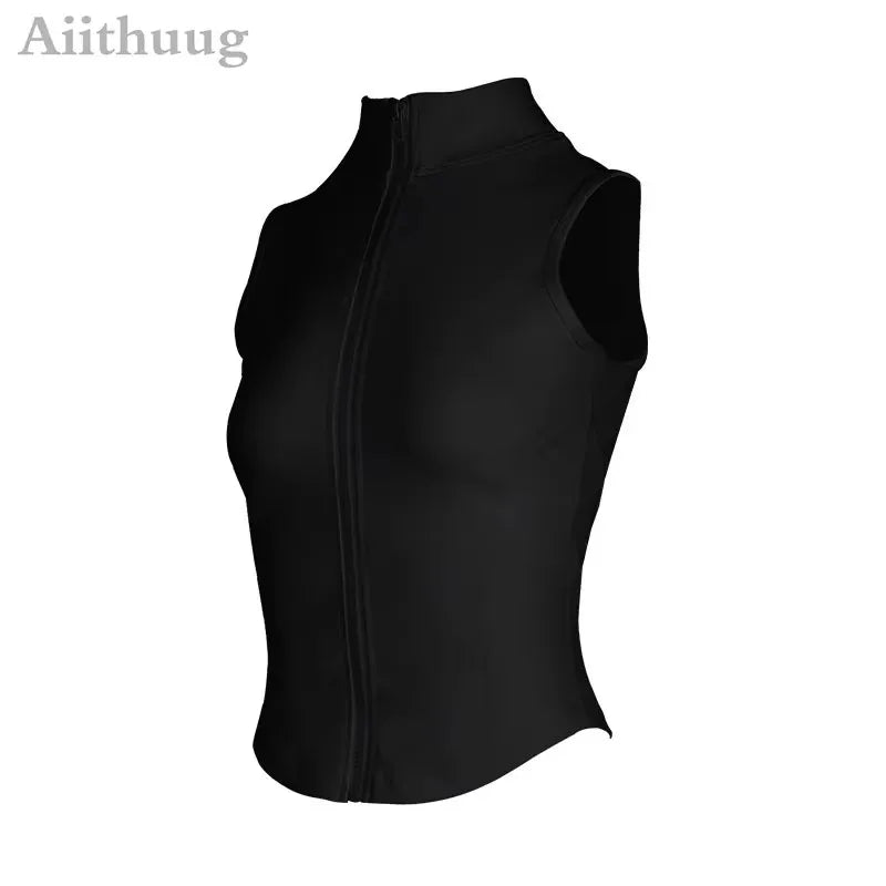 Aiithuug Athletic Zip up Sweat Vest Jacket Sleeveless Running Yoga Tops High Neck Shirts Sports Top Fitness Women Workout Tops - Top Beat Cart