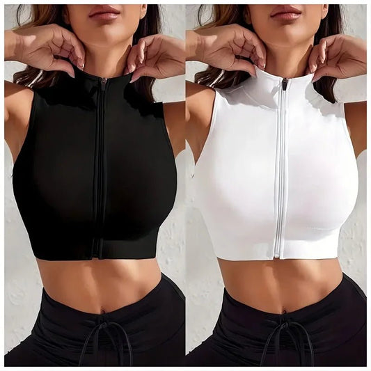 Women'S 2-Piece Set Close-Fitting Breathable Sexy Yoga Zipper Exercise Fitness Vest Top - Top Beat Cart