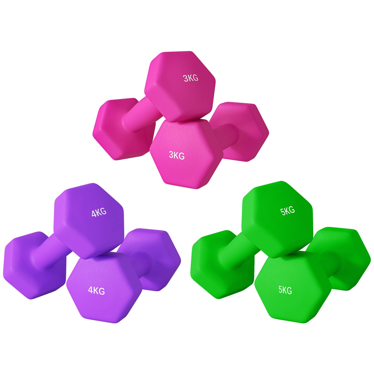 Set of 6 Dumbbells, Hexagonal Weights Pair, 2 X 3Kg, 2 X 4Kg, 2 X 5Kg - Top Beat Cart