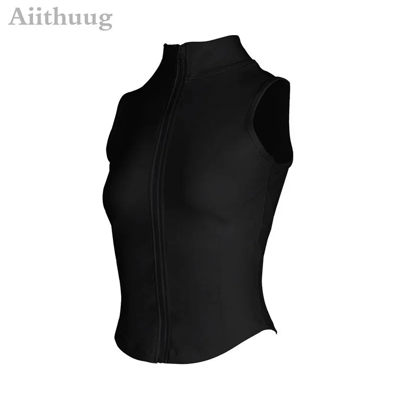 Aiithuug Athletic Zip up Sweat Vest Jacket Sleeveless Running Yoga Tops High Neck Shirts Sports Top Fitness Women Workout Tops - Top Beat Cart