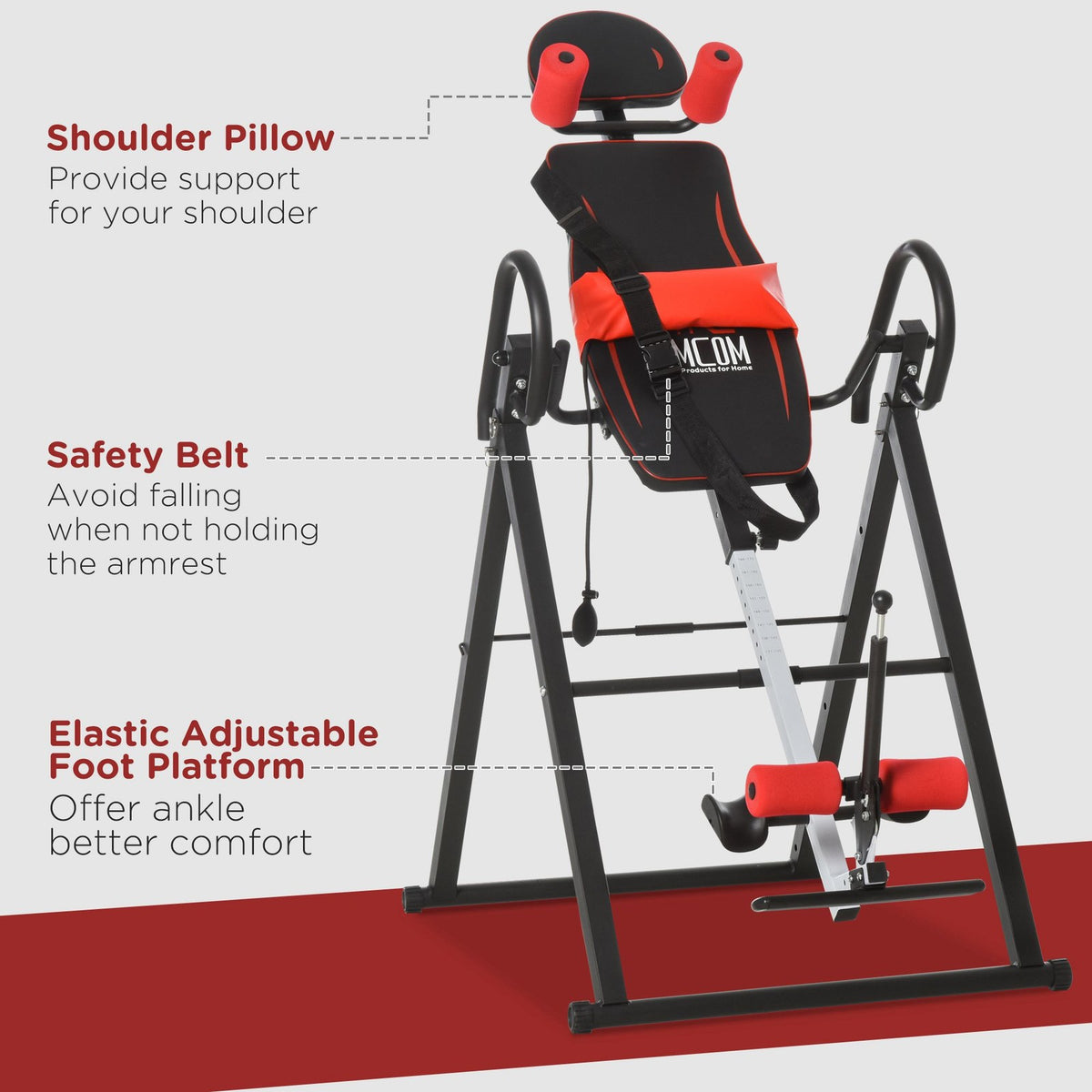 HOMCOM Adjustable Gravity Inversion Table with Safety Belt, Red - Top Beat Cart