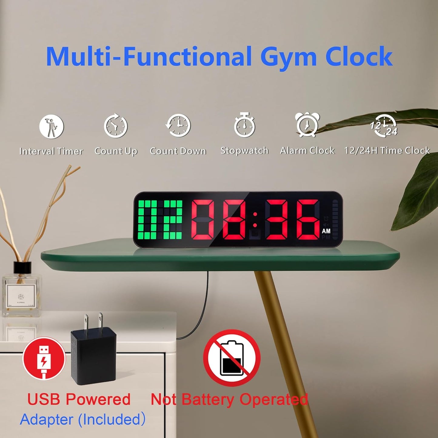 Gym Timer - Large Digital Gym Clock Wall with Interval Time Progress Bar, Countdown/Up Stopwatch, Remote Control for Home Gym Garage Boxing Crossfit
