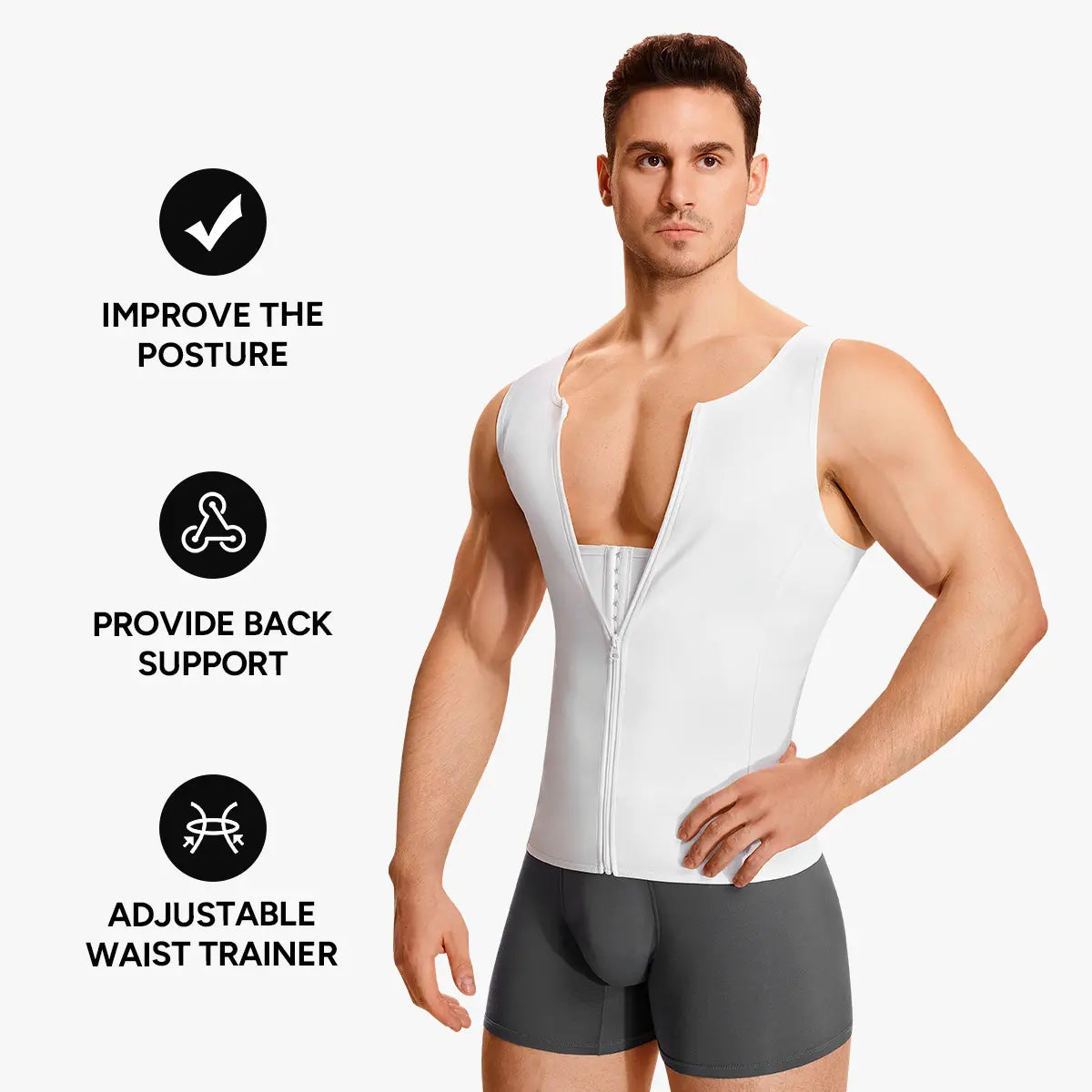 【Nebility】Men'S Waist Trainer Trimmer Compression Vest Steel Bone Support Outdoor Sport Exercise Athletic Shapewear Fitness Zipper#Summervibes