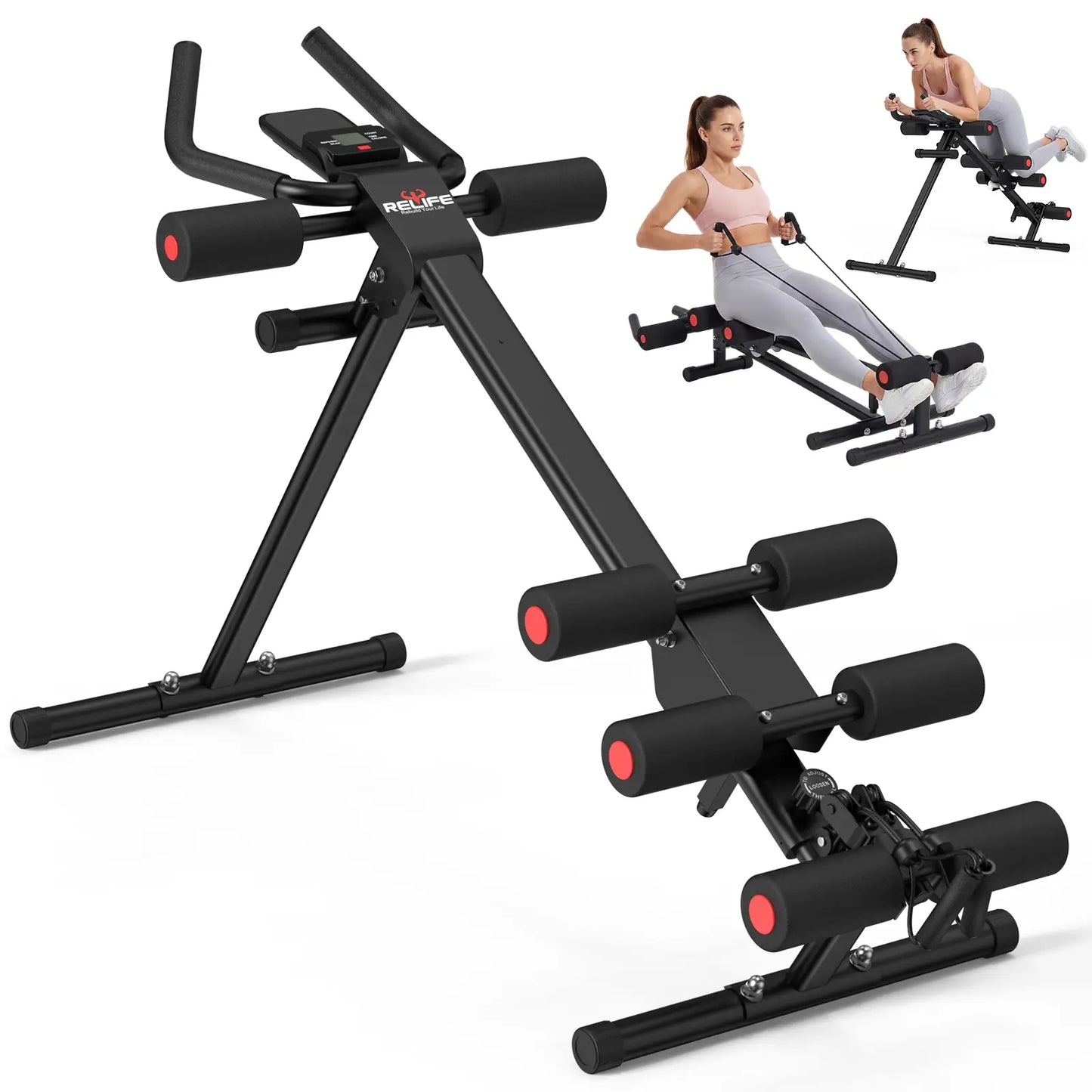 RELIFE SPORTS Foldable Adjustable Ab Trainer with LCD Monitor for Women - 440LBS Capacity, 5-Level Height & 2-Level Incline, Home Gym Equipment, Ideal Gift for Fitness Beginners