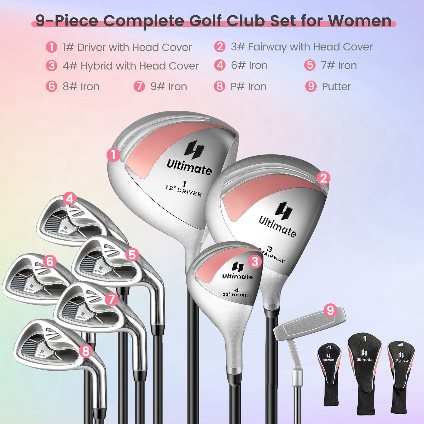 Ladies' 9 Pieces Complete Golf Club Set with 460Cc Alloy Driver