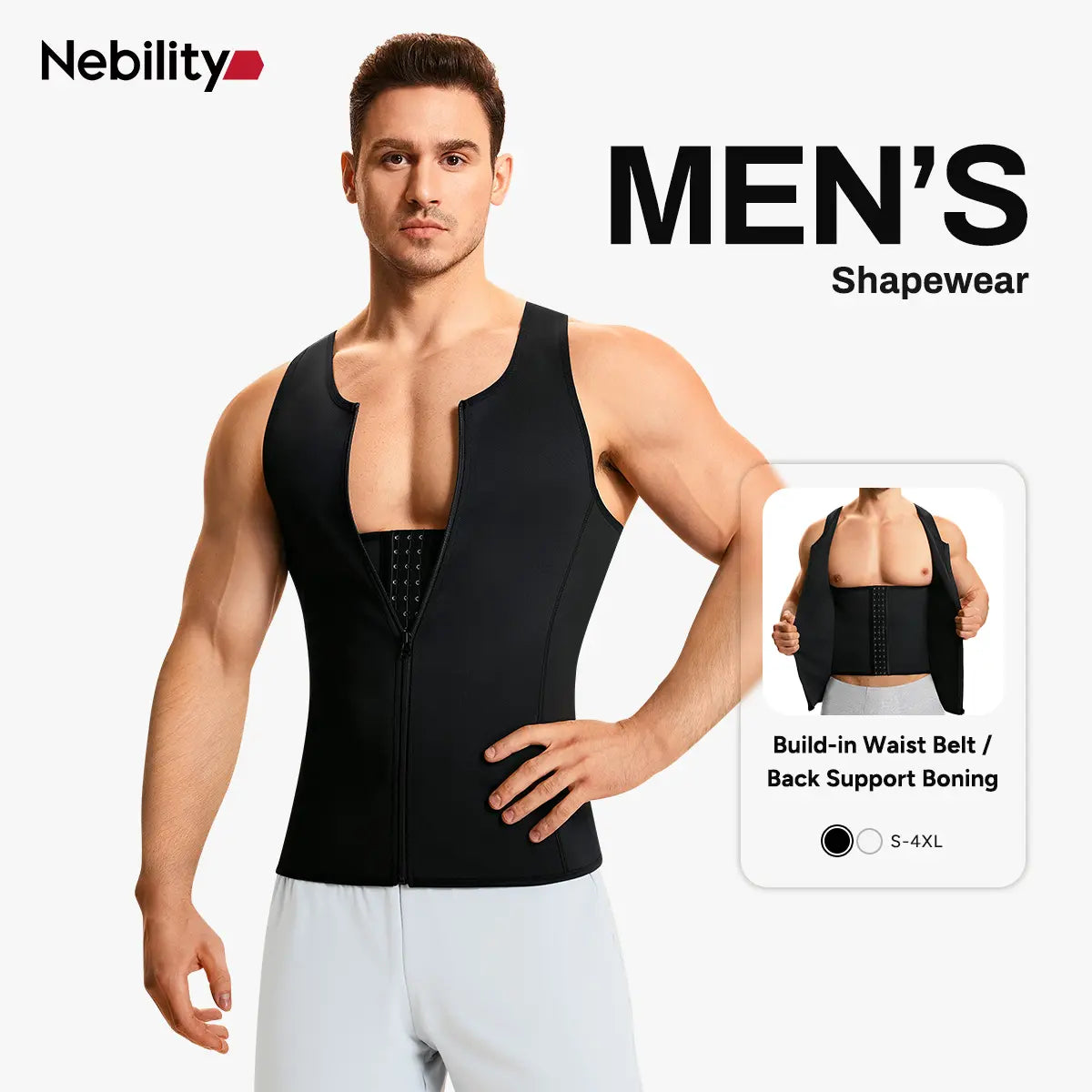 【Nebility】Men'S Waist Trainer Trimmer Compression Vest Steel Bone Support Outdoor Sport Exercise Athletic Shapewear Fitness Zipper#Summervibes