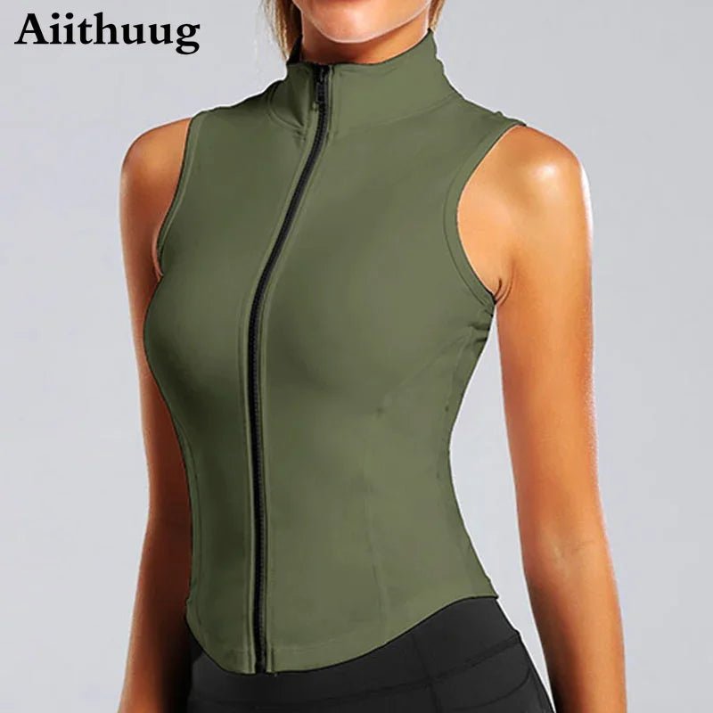 Aiithuug Athletic Zip up Sweat Vest Jacket Sleeveless Running Yoga Tops High Neck Shirts Sports Top Fitness Women Workout Tops - Top Beat Cart