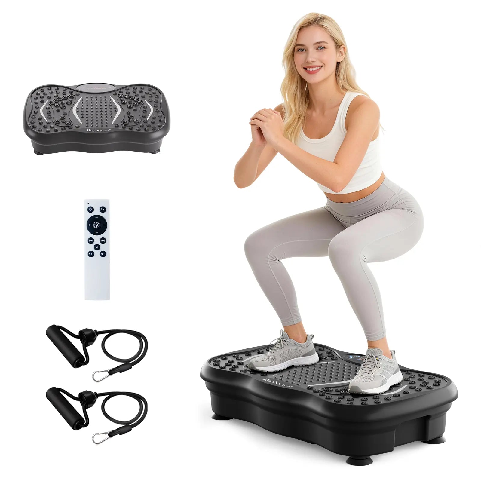 Hophorse High-Power Vibration Plate Exercise Machine Oscillating Plate 300 Lbs Weight Capacity Bluetooth Remote Control 3-In-1 Indoor Home Gym Fitness Equipment with 2 Resistance Bands