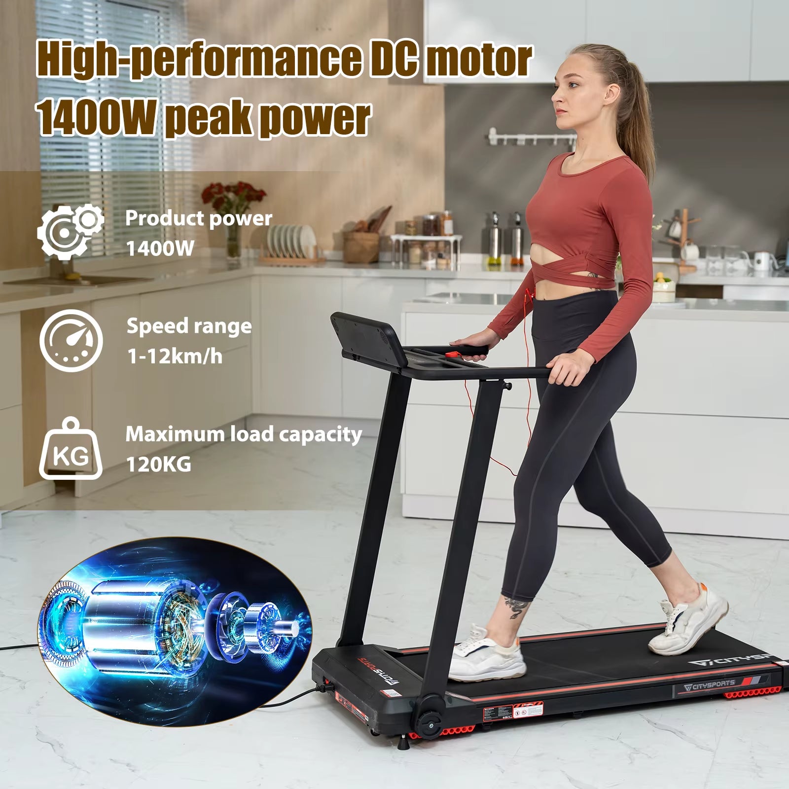 Folding Treadmill, Electric Treadmill, 2 in 1 Treadmill for Home Office, 120Kg,1-12Km/H, APP, Remote Control